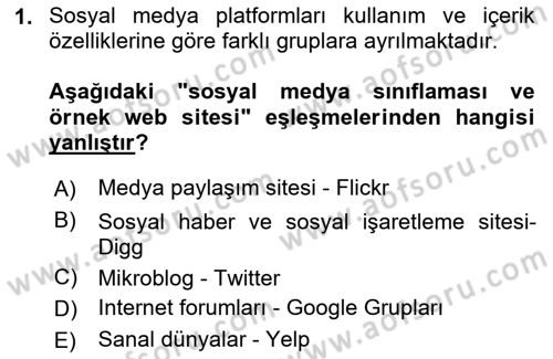 Sosyal Medya Dersi 2020 - 2021 Yılı Yaz Okulu Sınavı 1. Soru