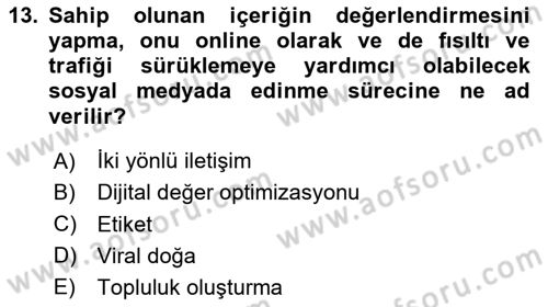 Sosyal Medya Dersi 2020 - 2021 Yılı Yaz Okulu Sınavı 13. Soru