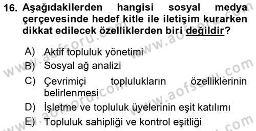 Sosyal Medya Dersi 2020 - 2021 Yılı Yaz Okulu Sınavı 16. Soru