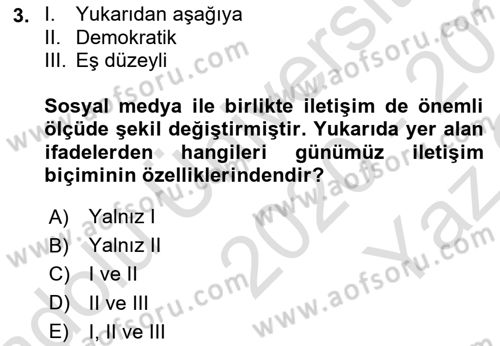 Sosyal Medya Dersi 2020 - 2021 Yılı Yaz Okulu Sınavı 3. Soru