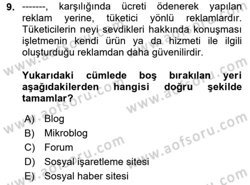 Sosyal Medya Dersi 2021 - 2022 Yılı (Final) Dönem Sonu Sınav Soruları 9. Soru