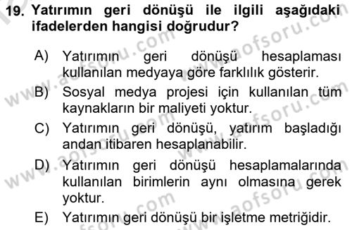 Sosyal Medya Dersi 2022 - 2023 Yılı Yaz Okulu Sınav Soruları 19. Soru