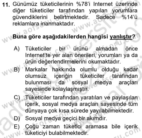 Sosyal Medya Dersi 2023 - 2024 Yılı (Vize) Ara Sınavı 11. Soru