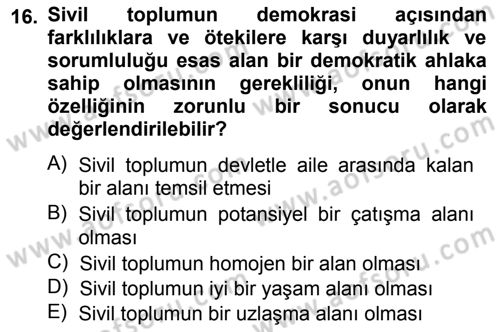 Siyaset Sosyolojisi Dersi Ara Sınavı Deneme Sınav Soruları 16. Soru