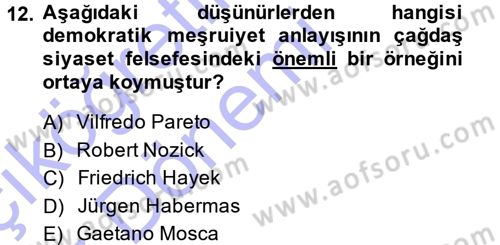 Siyaset Sosyolojisi Dersi Ara Sınavı Deneme Sınav Soruları 12. Soru