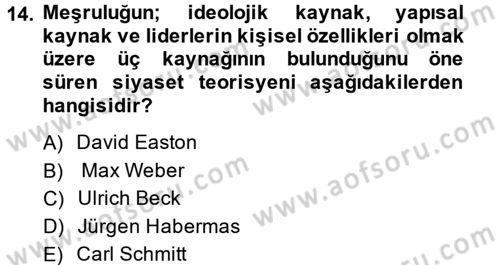 Siyaset Sosyolojisi Dersi Ara Sınavı Deneme Sınav Soruları 14. Soru