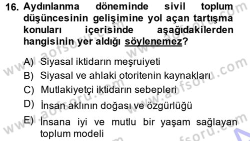 Siyaset Sosyolojisi Dersi Ara Sınavı Deneme Sınav Soruları 16. Soru