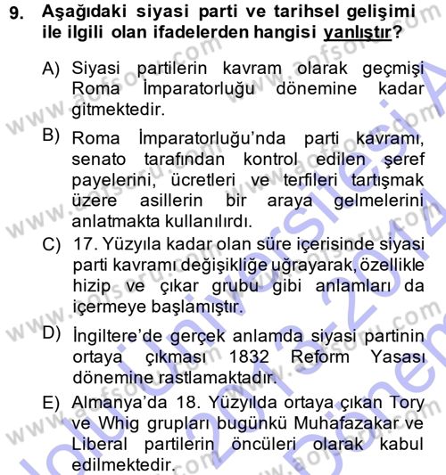 Siyaset Sosyolojisi Dersi 2013 - 2014 Yılı (Final) Dönem Sonu Sınav Soruları 9. Soru