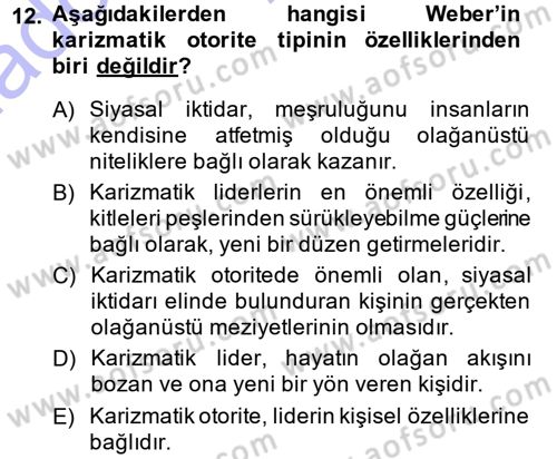 Siyaset Sosyolojisi Dersi Ara Sınavı Deneme Sınav Soruları 12. Soru