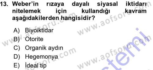 Siyaset Sosyolojisi Dersi 2015 - 2016 Yılı (Vize) Ara Sınavı 13. Soru