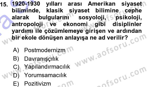 Siyaset Sosyolojisi Dersi Ara Sınavı Deneme Sınav Soruları 15. Soru