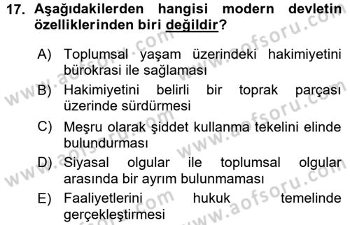 Siyaset Sosyolojisi Dersi Ara Sınavı Deneme Sınav Soruları 17. Soru