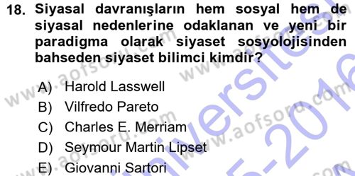 Siyaset Sosyolojisi Dersi Ara Sınavı Deneme Sınav Soruları 18. Soru