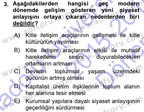 Siyaset Sosyolojisi Dersi 2015 - 2016 Yılı (Final) Dönem Sonu Sınav Soruları 3. Soru