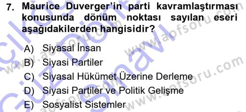 Siyaset Sosyolojisi Dersi 2015 - 2016 Yılı (Final) Dönem Sonu Sınav Soruları 7. Soru