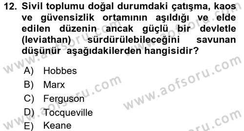 Siyaset Sosyolojisi Dersi 2016 - 2017 Yılı (Vize) Ara Sınav Soruları 12. Soru