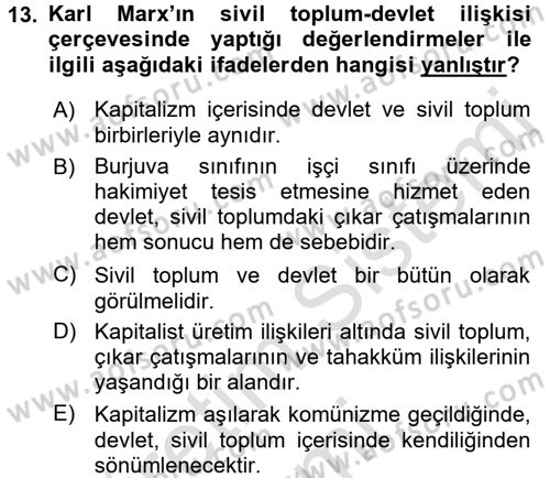 Siyaset Sosyolojisi Dersi 2016 - 2017 Yılı (Vize) Ara Sınav Soruları 13. Soru