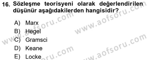 Siyaset Sosyolojisi Dersi Ara Sınavı Deneme Sınav Soruları 16. Soru