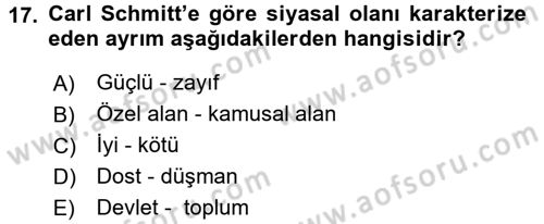 Siyaset Sosyolojisi Dersi Ara Sınavı Deneme Sınav Soruları 17. Soru