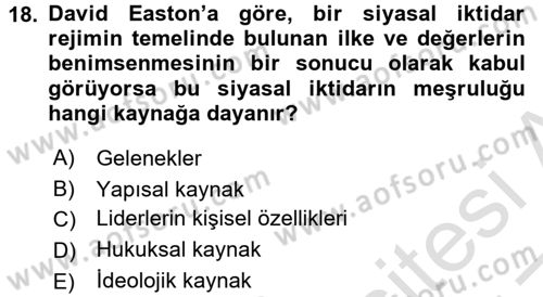 Siyaset Sosyolojisi Dersi Ara Sınavı Deneme Sınav Soruları 18. Soru