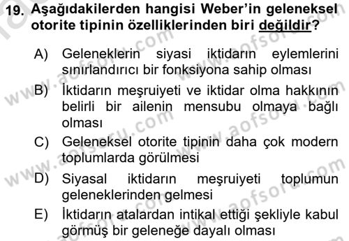 Siyaset Sosyolojisi Dersi 2016 - 2017 Yılı (Vize) Ara Sınav Soruları 19. Soru