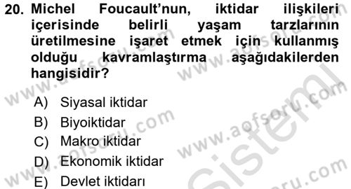 Siyaset Sosyolojisi Dersi Ara Sınavı Deneme Sınav Soruları 20. Soru