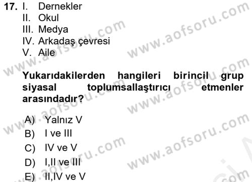 Siyaset Sosyolojisi Dersi 2016 - 2017 Yılı (Final) Dönem Sonu Sınav Soruları 17. Soru