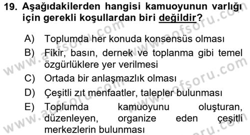 Siyaset Sosyolojisi Dersi 2016 - 2017 Yılı (Final) Dönem Sonu Sınav Soruları 19. Soru