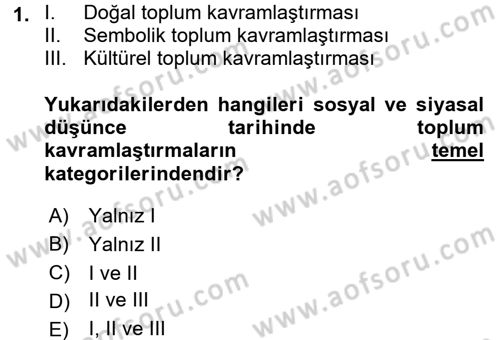 Siyaset Sosyolojisi Dersi Ara Sınavı Deneme Sınav Soruları 1. Soru