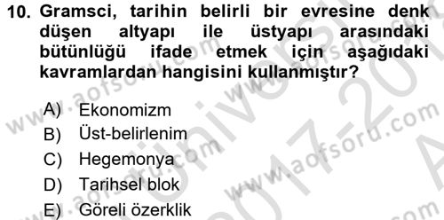 Siyaset Sosyolojisi Dersi 2017 - 2018 Yılı (Vize) Ara Sınav Soruları 10. Soru