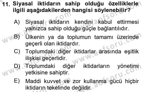 Siyaset Sosyolojisi Dersi 2017 - 2018 Yılı (Vize) Ara Sınav Soruları 11. Soru