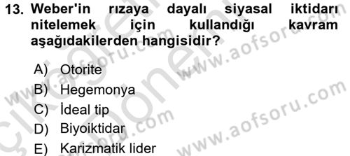 Siyaset Sosyolojisi Dersi Ara Sınavı Deneme Sınav Soruları 13. Soru