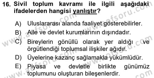Siyaset Sosyolojisi Dersi Ara Sınavı Deneme Sınav Soruları 16. Soru