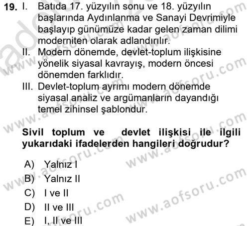 Siyaset Sosyolojisi Dersi Ara Sınavı Deneme Sınav Soruları 19. Soru