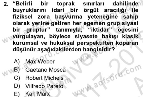 Siyaset Sosyolojisi Dersi Ara Sınavı Deneme Sınav Soruları 2. Soru