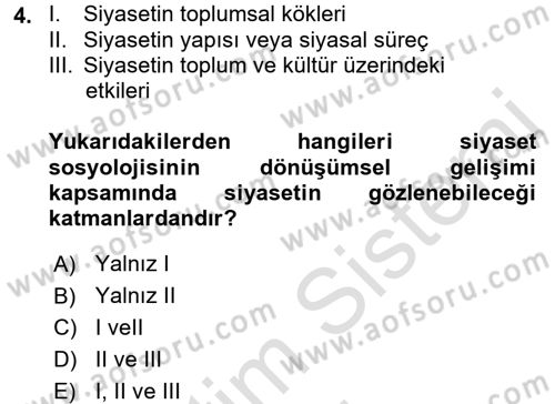 Siyaset Sosyolojisi Dersi Ara Sınavı Deneme Sınav Soruları 4. Soru