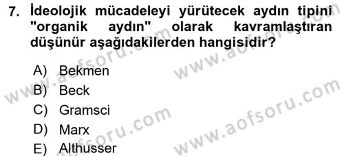 Siyaset Sosyolojisi Dersi Ara Sınavı Deneme Sınav Soruları 7. Soru