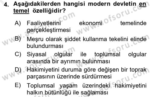 Siyaset Sosyolojisi Dersi 2017 - 2018 Yılı (Final) Dönem Sonu Sınav Soruları 4. Soru