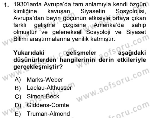 Siyaset Sosyolojisi Dersi 2018 - 2019 Yılı 3 Ders Sınav Soruları 1. Soru