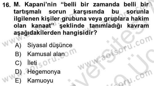 Siyaset Sosyolojisi Dersi 2018 - 2019 Yılı 3 Ders Sınav Soruları 16. Soru