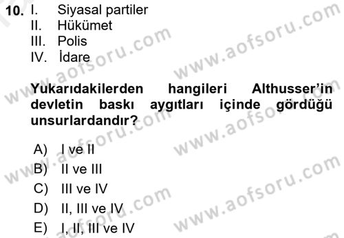 Siyaset Sosyolojisi Dersi 2018 - 2019 Yılı (Vize) Ara Sınavı 10. Soru