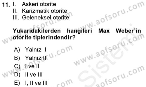 Siyaset Sosyolojisi Dersi 2018 - 2019 Yılı (Vize) Ara Sınavı 11. Soru