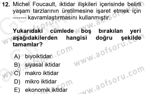 Siyaset Sosyolojisi Dersi Ara Sınavı Deneme Sınav Soruları 12. Soru