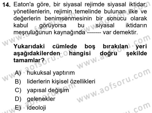 Siyaset Sosyolojisi Dersi 2018 - 2019 Yılı (Vize) Ara Sınav Soruları 14. Soru