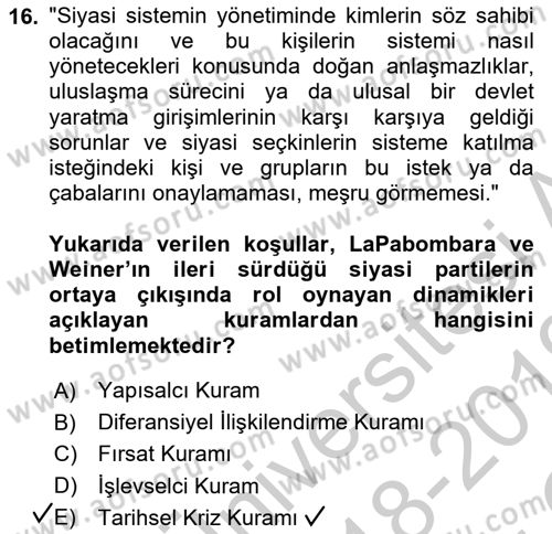Siyaset Sosyolojisi Dersi 2018 - 2019 Yılı Yaz Okulu Sınav Soruları 16. Soru