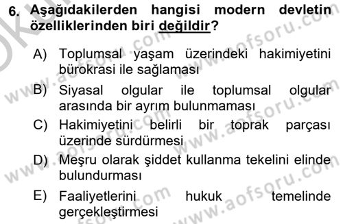 Siyaset Sosyolojisi Dersi 2018 - 2019 Yılı Yaz Okulu Sınav Soruları 6. Soru