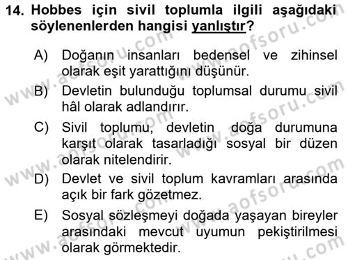 Siyaset Sosyolojisi Dersi 2020 - 2021 Yılı Yaz Okulu Sınav Soruları 14. Soru