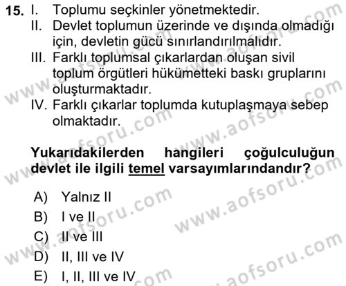 Siyaset Sosyolojisi Dersi Ara Sınavı Deneme Sınav Soruları 15. Soru