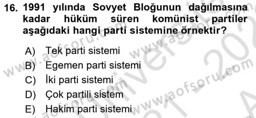 Siyaset Sosyolojisi Dersi 2021 - 2022 Yılı (Vize) Ara Sınav Soruları 16. Soru