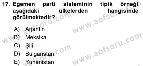 Siyaset Sosyolojisi Dersi 2021 - 2022 Yılı (Vize) Ara Sınav Soruları 17. Soru